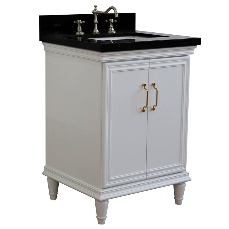 Bellaterra Home 400800-25-WH-BGR Forli 25" vanity, White, Black Galaxy granite top, angled view with doors closed