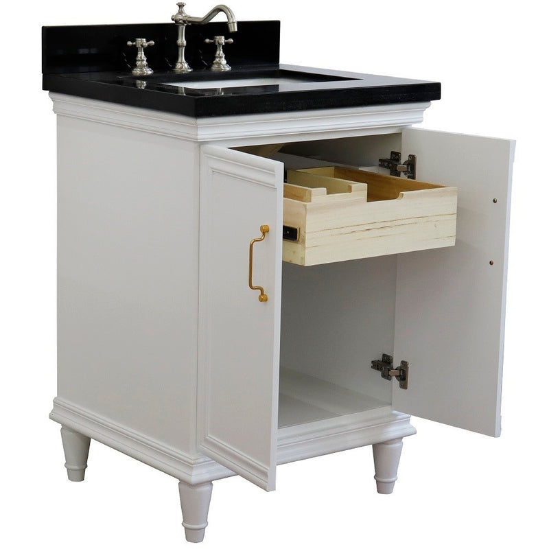 Bellaterra Home 400800-25-WH-BGR Forli 25" vanity, White, Black Galaxy granite top, angled view with doors open showing the