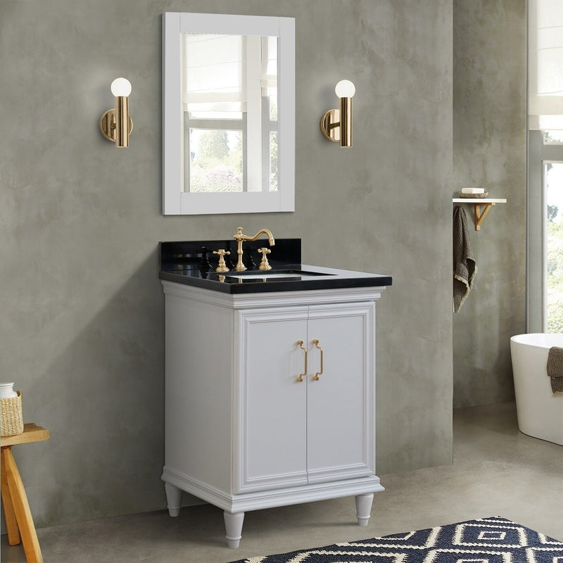 Bellaterra Home 400800-25-WH-BGR Forli 25" vanity, White, Black Galaxy granite top, installed in a bathroom