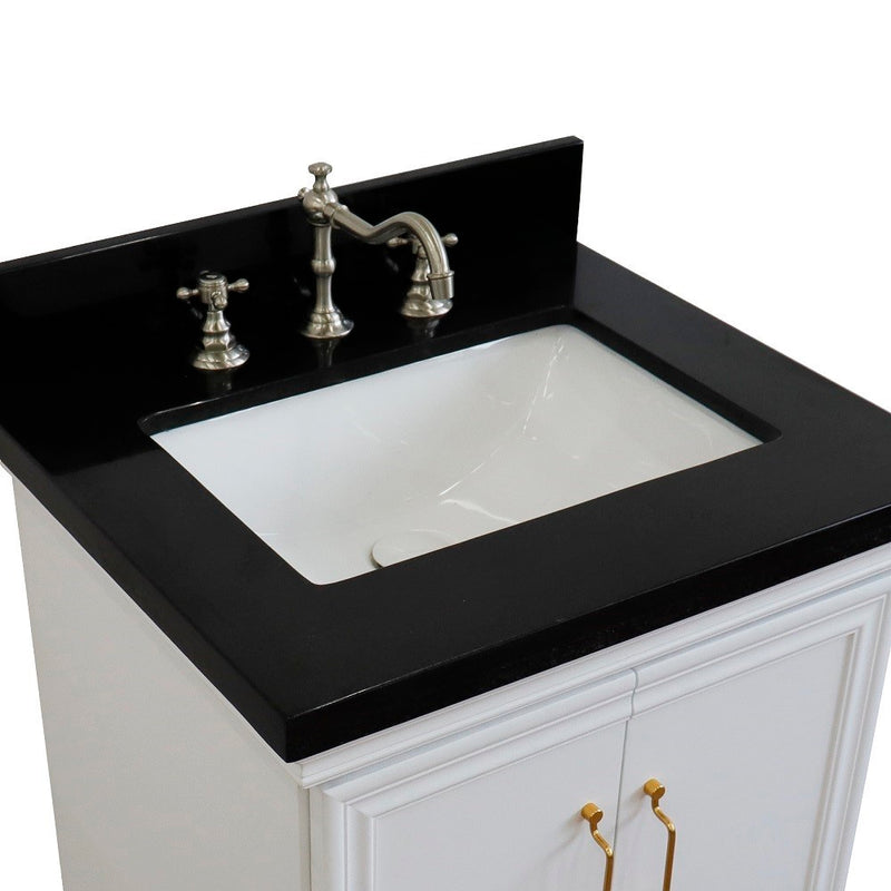 Bellaterra Home 400800-25-WH-BGR Forli 25" vanity, White, Black Galaxy granite top, countertop and sink close-up