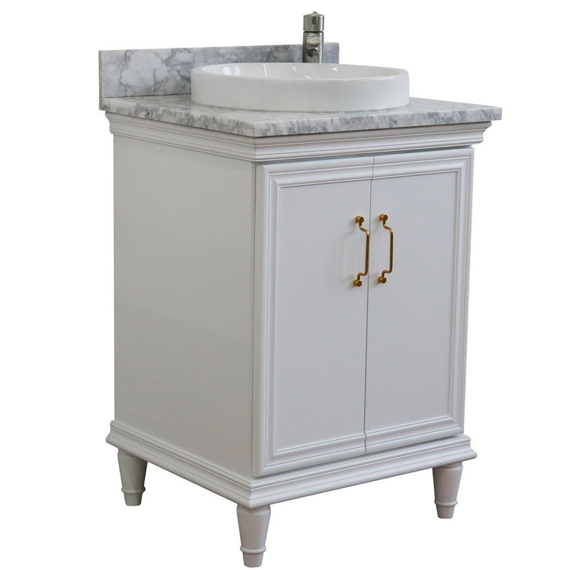 Bellaterra Home 400800-25-WH-WMRD Forli 25" vanity, White, White Carrara marble top, angled view with doors closed