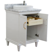 Bellaterra Home 400800-25-WH-WMRD Forli 25" vanity, White, White Carrara marble top, angled view with doors open showing the