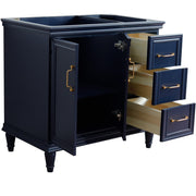 Bellaterra Home 400800-36L-BU Forli 36" vanity cabinet, Blue, angled view with doors open showing the shelf
