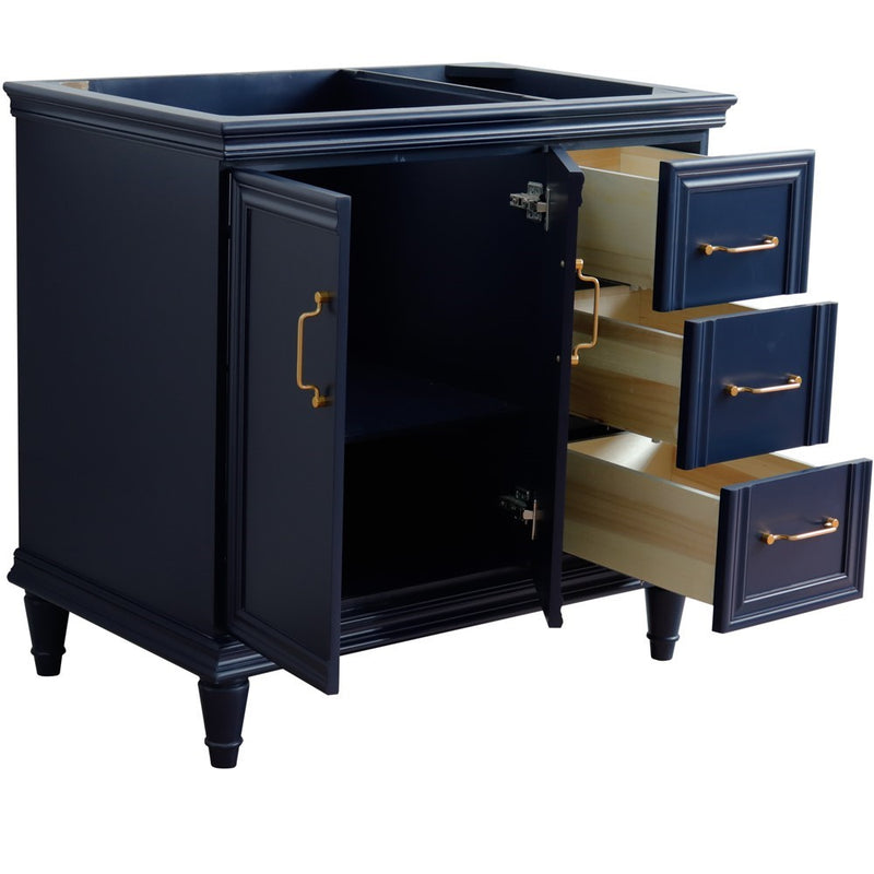 Bellaterra Home 400800-36L-BU Forli 36" vanity cabinet, Blue, angled view with doors open showing the shelf
