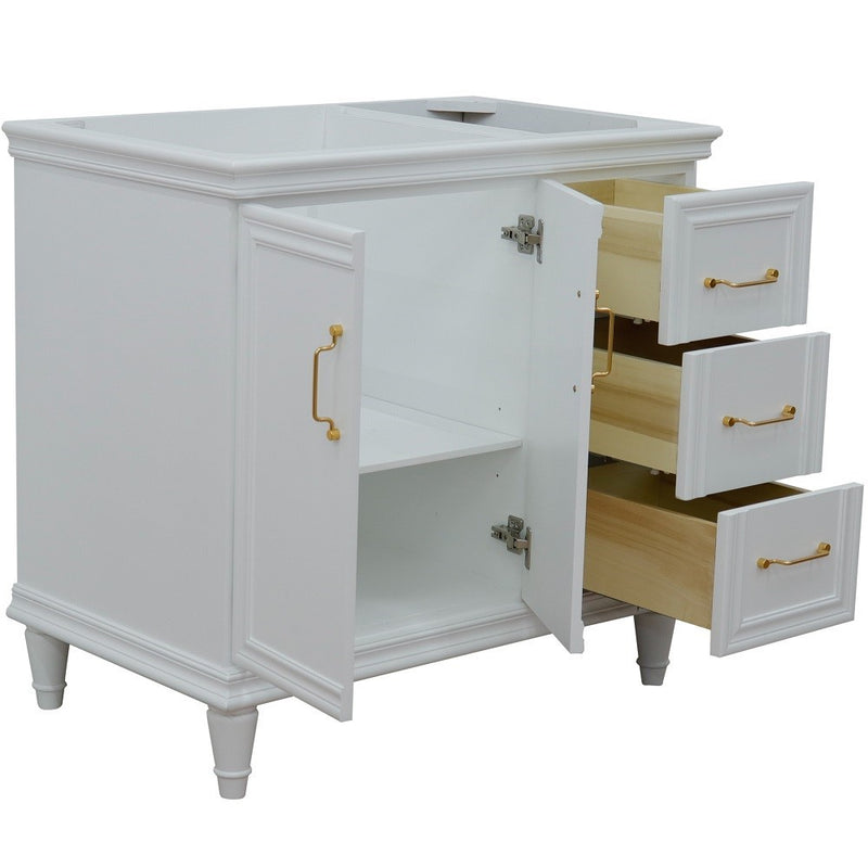 Bellaterra Home 400800-36L-WH Forli 36" vanity cabinet, White, angled view with doors open showing the shelf