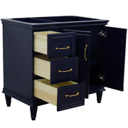 Bellaterra Home 400800-36R-BU Forli 36" vanity cabinet, Blue, angled view with doors open showing the shelf