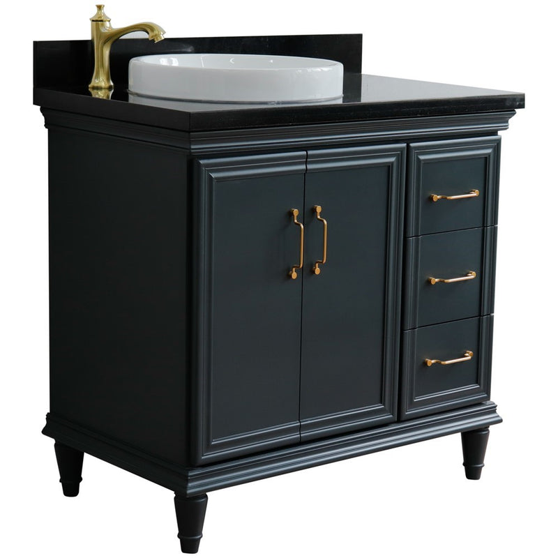 Bellaterra Home 400800-37L-DG-BGRDL Forli 37" vanity, Dark Gray, Black Galaxy granite top, angled view with doors closed