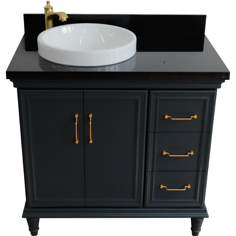 Bellaterra Home 400800-37L-DG-BGRDL Forli 37" vanity, Dark Gray, Black Galaxy granite top, front view on a white background