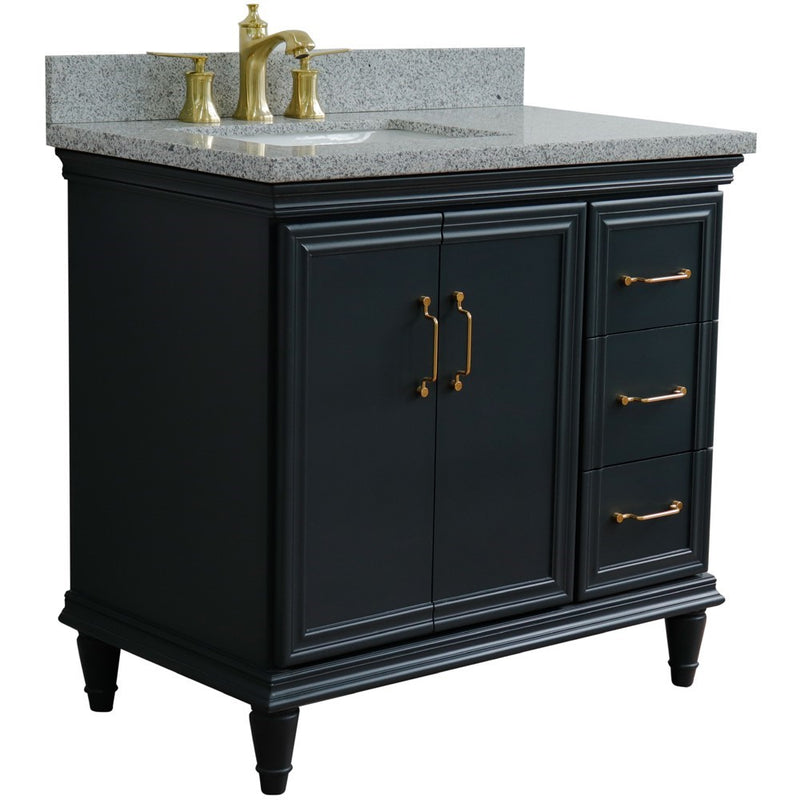 Bellaterra Home 400800-37L-DG-GYRL Forli 37" vanity, Dark Gray, gray granite top, angled view with doors closed