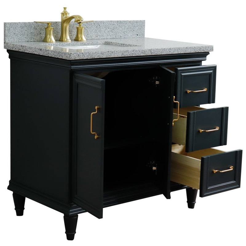 Bellaterra Home 400800-37L-DG-GYRL Forli 37" vanity, Dark Gray, gray granite top, angled view with doors open showing the