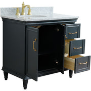 Bellaterra Home 400800-37L-DG-WMOL Forli 37" vanity, Dark Gray, White Carrara marble top, angled view with doors open