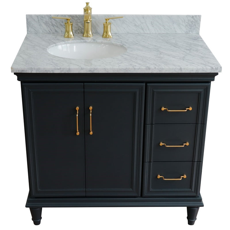 Bellaterra Home 400800-37L-DG-WMOL Forli 37" vanity, Dark Gray, White Carrara marble top, front view on a white background