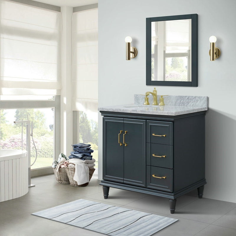 Bellaterra Home 400800-37L-DG-WMOL Forli 37" vanity, Dark Gray, White Carrara marble top, installed in a bathroom