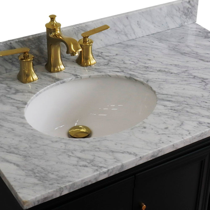 Bellaterra Home 400800-37L-DG-WMOL Forli 37" vanity, Dark Gray, White Carrara marble top, countertop and sink close-up