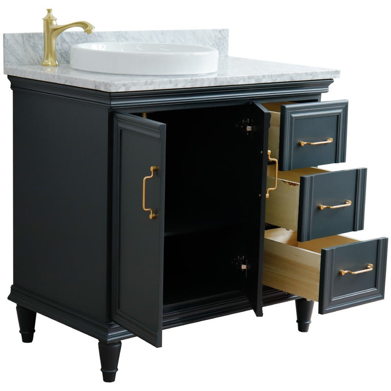 Bellaterra Home 400800-37L-DG-WMRDL Forli 37" vanity, Dark Gray, White Carrara marble top, angled view with doors open
