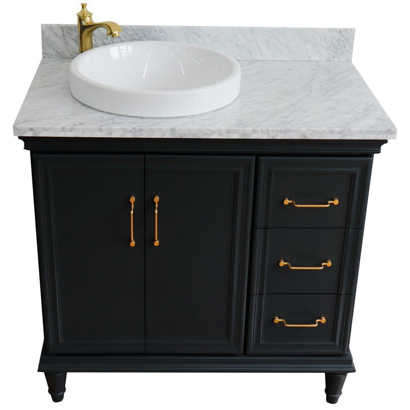 Bellaterra Home 400800-37L-DG-WMRDL Forli 37" vanity, Dark Gray, White Carrara marble top, front view on a white background