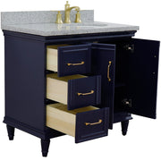 Bellaterra Home 400800-37R-BU-GYOR Forli 37" vanity, Blue, gray granite top, angled view with doors open showing the shelf