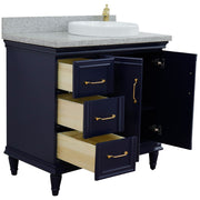 Bellaterra Home 400800-37R-BU-GYRDR Forli 37" vanity, Blue, gray granite top, angled view with doors open showing the shelf