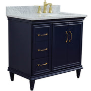 Bellaterra Home 400800-37R-BU-WMRR Forli 37" vanity, Blue, White Carrara marble top, angled view with doors closed