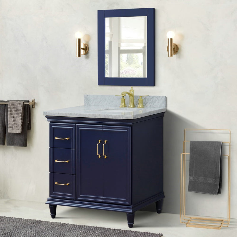 Bellaterra Home 400800-37R-BU-WMRR Forli 37" vanity, Blue, White Carrara marble top, installed in a bathroom