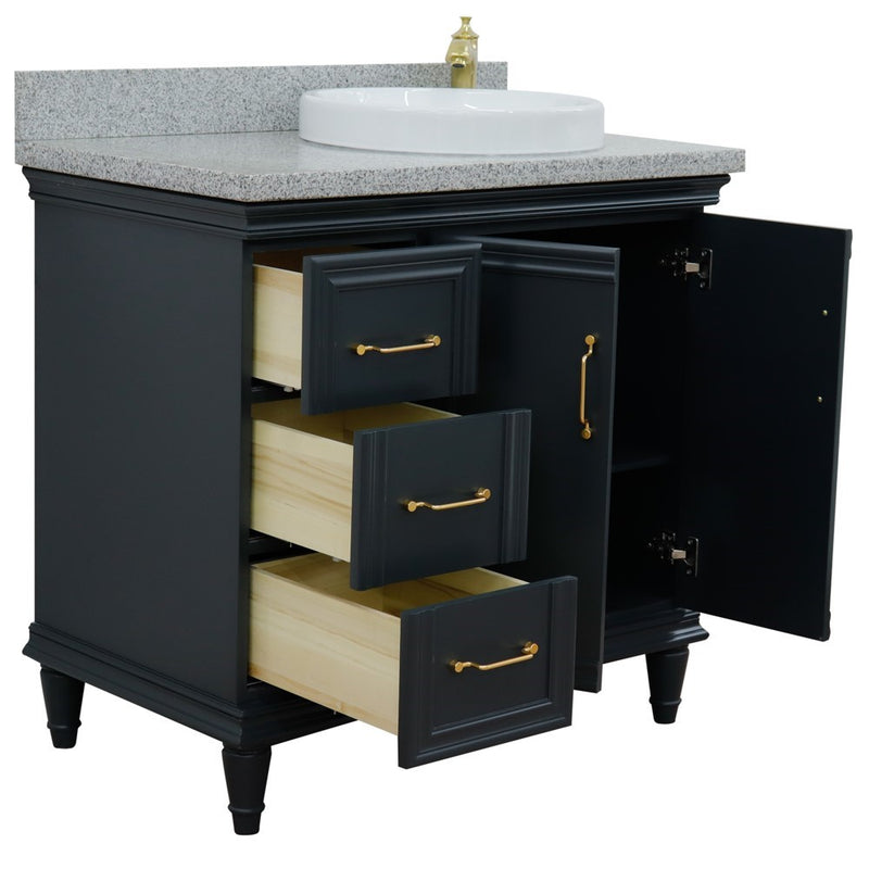 Bellaterra Home 400800-37R-DG-GYRDR Forli 37" vanity, Dark Gray, gray granite top, angled view with doors open showing the