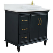 Bellaterra Home 400800-37R-DG-WERDR Forli 37" vanity, Dark Gray, white engineered stone top, angled view with doors closed