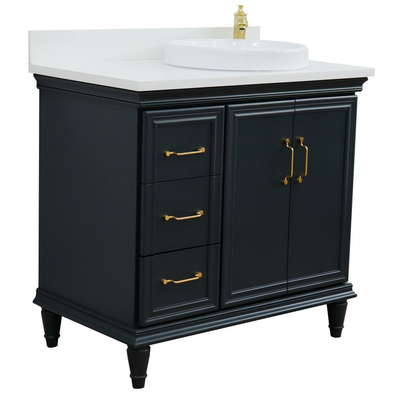 Bellaterra Home 400800-37R-DG-WERDR Forli 37" vanity, Dark Gray, white engineered stone top, angled view with doors closed