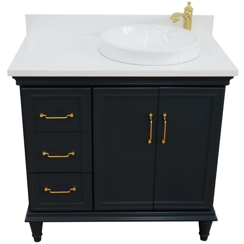 Bellaterra Home 400800-37R-DG-WERDR Forli 37" vanity, Dark Gray, white engineered stone top, front view on a white background