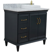 Bellaterra Home 400800-37R-DG-WMRDR Forli 37" vanity, Dark Gray, White Carrara marble top, angled view with doors closed