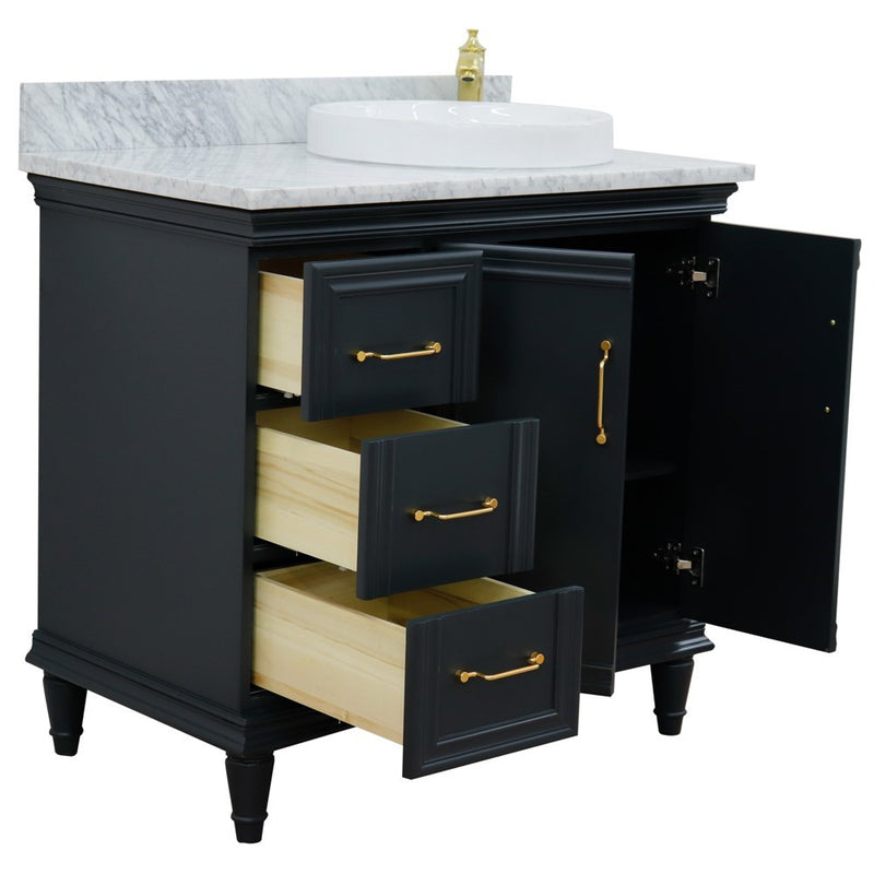Bellaterra Home 400800-37R-DG-WMRDR Forli 37" vanity, Dark Gray, White Carrara marble top, angled view with doors open