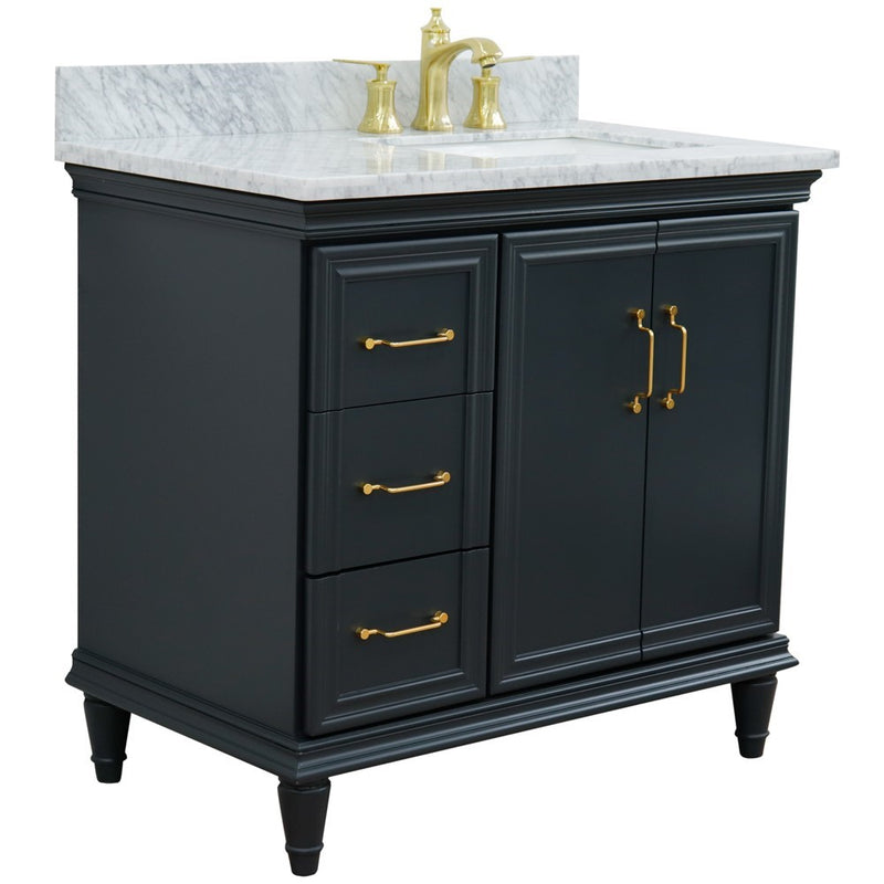 Bellaterra Home 400800-37R-DG-WMRR Forli 37" vanity, Dark Gray, White Carrara marble top, angled view with doors closed