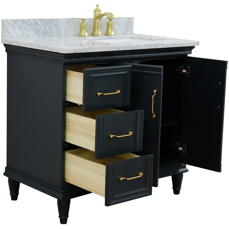 Bellaterra Home 400800-37R-DG-WMRR Forli 37" vanity, Dark Gray, White Carrara marble top, angled view with doors open