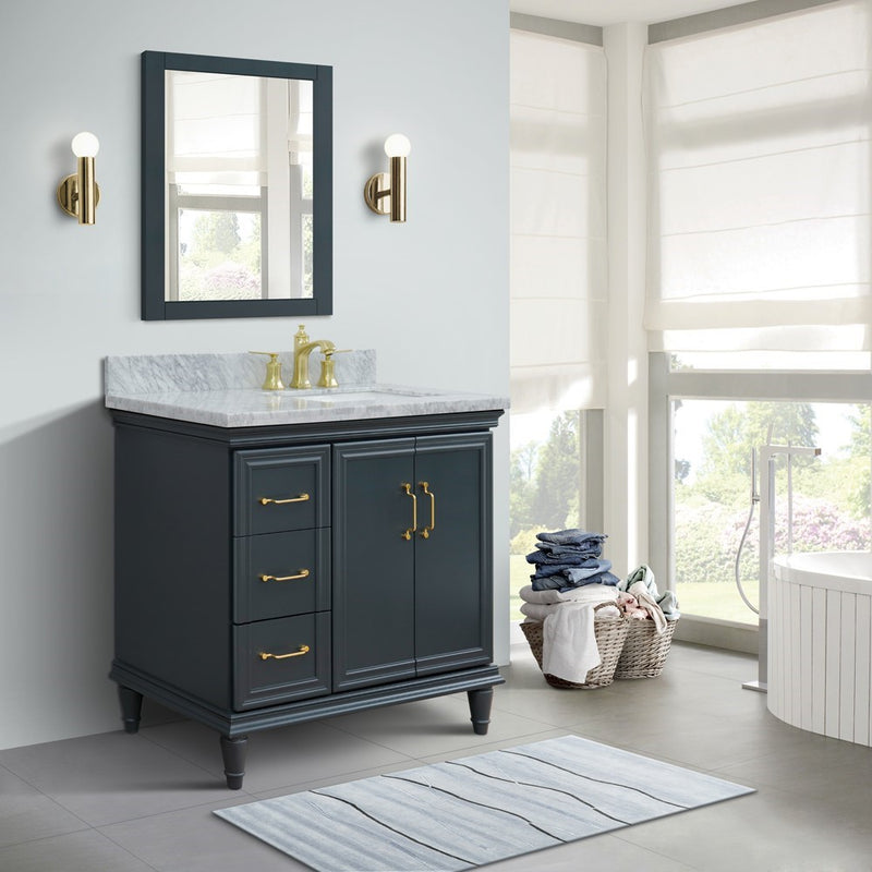 Bellaterra Home 400800-37R-DG-WMRR Forli 37" vanity, Dark Gray, White Carrara marble top, installed in a bathroom