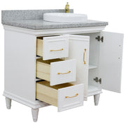 Bellaterra Home 400800-37R-WH-GYRDR Forli 37" vanity, White, gray granite top, angled view with doors open showing the shelf