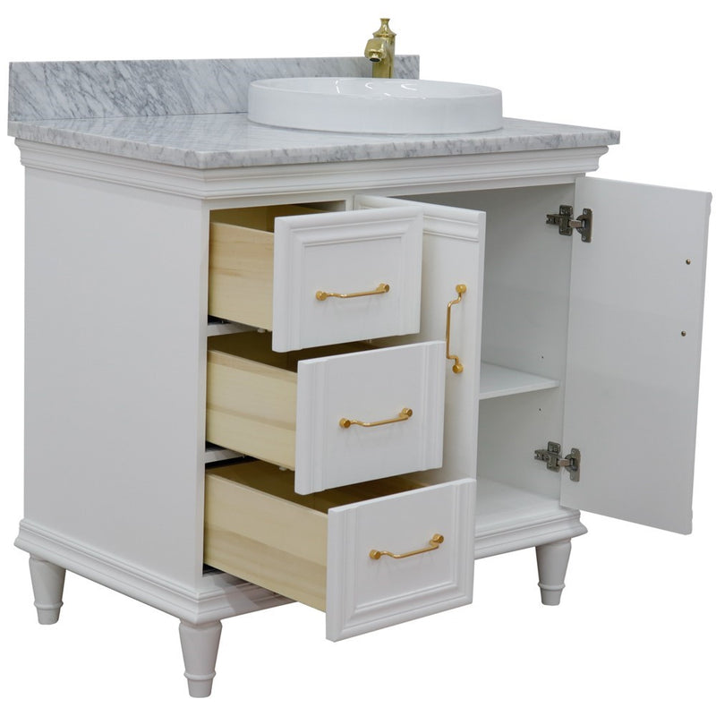 Bellaterra Home 400800-37R-WH-WMRDR Forli 37" vanity, White, White Carrara marble top, angled view with doors open showing