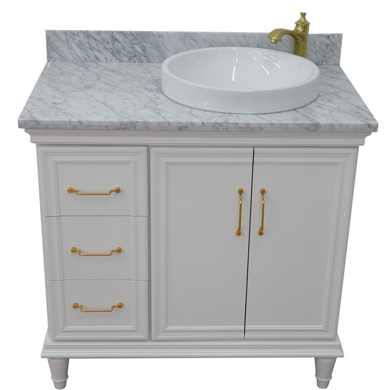 Bellaterra Home 400800-37R-WH-WMRDR Forli 37" vanity, White, White Carrara marble top, front view on a white background