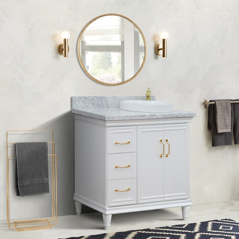 Bellaterra Home 400800-37R-WH-WMRDR Forli 37" vanity, White, White Carrara marble top, installed in a bathroom