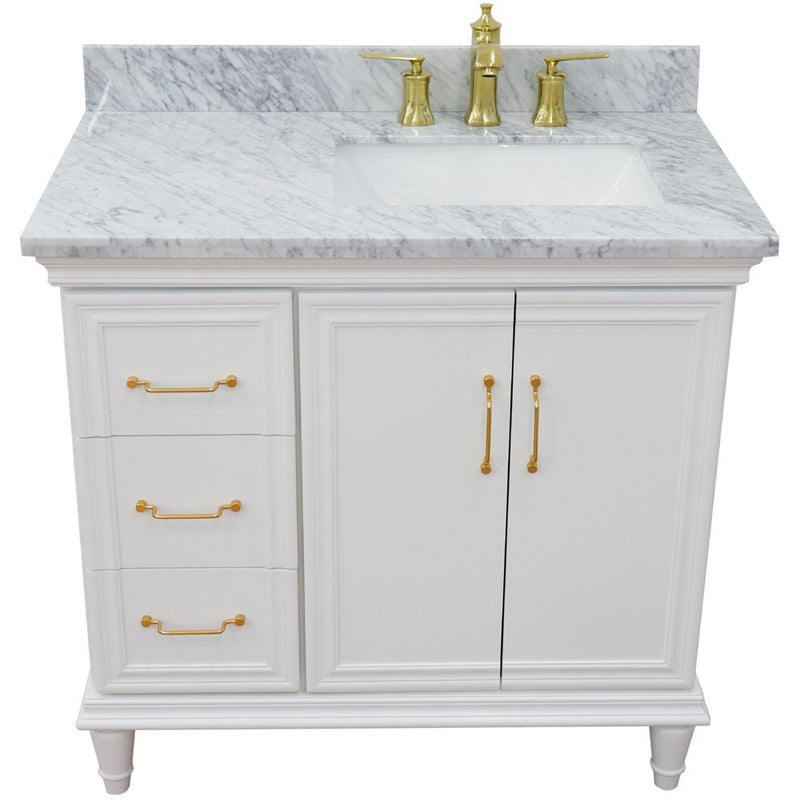 Bellaterra Home 400800-37R-WH-WMRR Forli 37" vanity, White, White Carrara marble top, front view on a white background