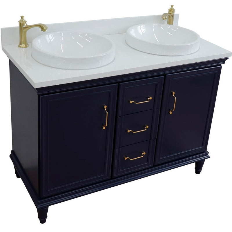 Bellaterra Home 400800-49D-BU-WERD Forli 49" vanity, Blue, white engineered stone top, angled view with doors closed