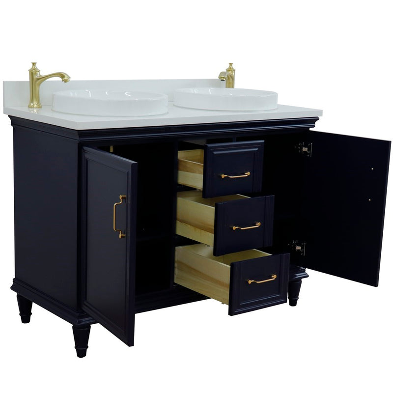 Bellaterra Home 400800-49D-BU-WERD Forli 49" vanity, Blue, white engineered stone top, angled view with doors open showing