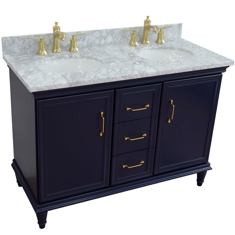 Bellaterra Home 400800-49D-BU-WMO Forli 49" vanity, Blue, White Carrara marble top, angled view with doors closed