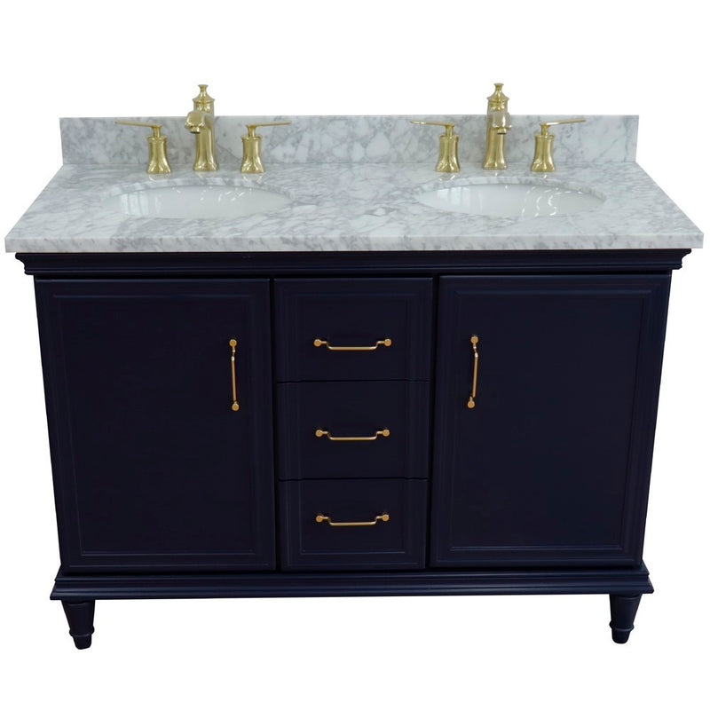 Bellaterra Home 400800-49D-BU-WMO Forli 49" vanity, Blue, White Carrara marble top, front view on a white background