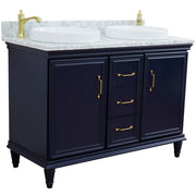 Bellaterra Home 400800-49D-BU-WMRD Forli 49" vanity, Blue, White Carrara marble top, angled view with doors closed