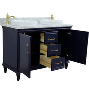 Bellaterra Home 400800-49D-BU-WMRD Forli 49" vanity, Blue, White Carrara marble top, angled view with doors open showing the