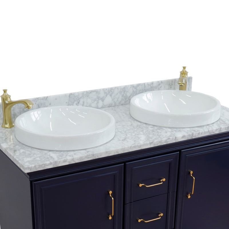 Bellaterra Home 400800-49D-BU-WMRD Forli 49" vanity, Blue, White Carrara marble top, countertop and sink close-up