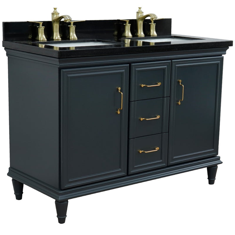 Bellaterra Home 400800-49D-DG-BGR Forli 49" vanity, Dark Gray, Black Galaxy granite top, angled view with doors closed