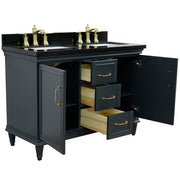 Bellaterra Home 400800-49D-DG-BGR Forli 49" vanity, Dark Gray, Black Galaxy granite top, angled view with doors open showing