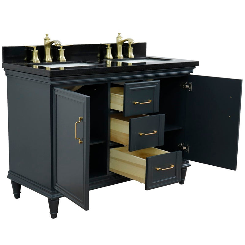 Bellaterra Home 400800-49D-DG-BGR Forli 49" vanity, Dark Gray, Black Galaxy granite top, angled view with doors open showing