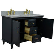 Bellaterra Home 400800-49D-DG-GYO Forli 49" vanity, Dark Gray, gray granite top, angled view with doors open showing the