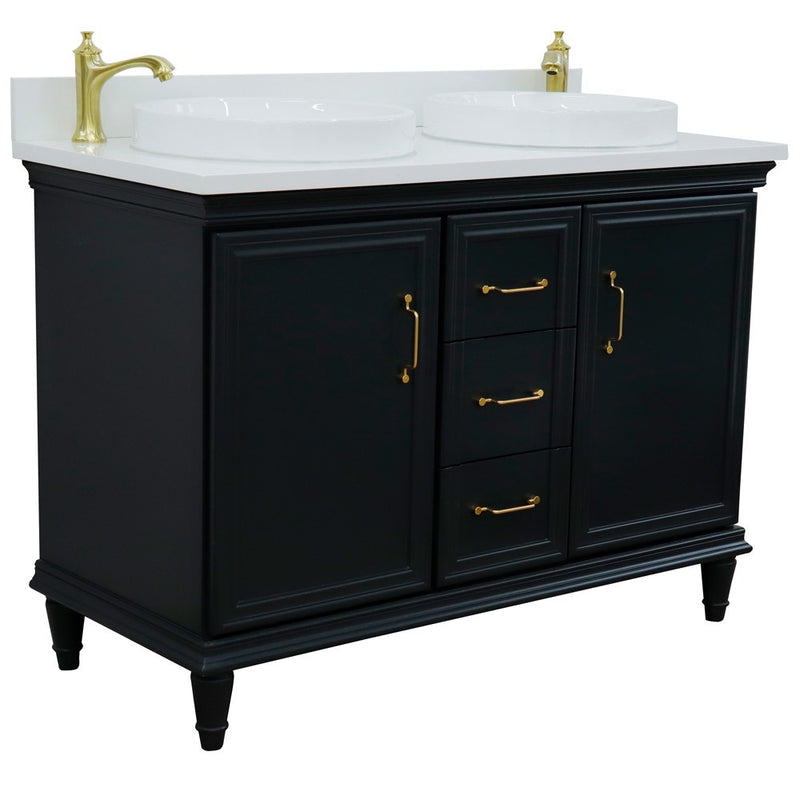 Bellaterra Home 400800-49D-DG-WERD Forli 49" vanity, Dark Gray, white engineered stone top, angled view with doors closed